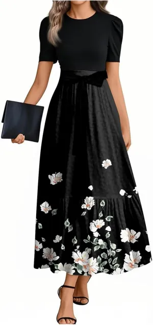 2025 Spring Dresses, Trendy Elegant Maxi Womens Jumpsuit Flower Print Bow Crew Neck Womens Romper