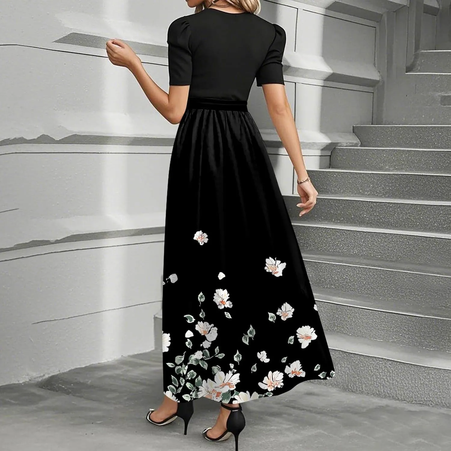 2025 Spring Dresses, Trendy Elegant Maxi Womens Jumpsuit Flower Print Bow Crew Neck Womens Romper