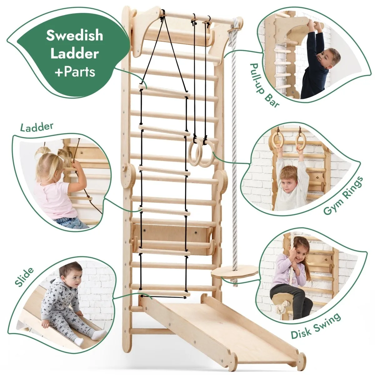 6in1 Wooden Swedish Wall / Climbing ladder for Children   Swing Set   Slide Board