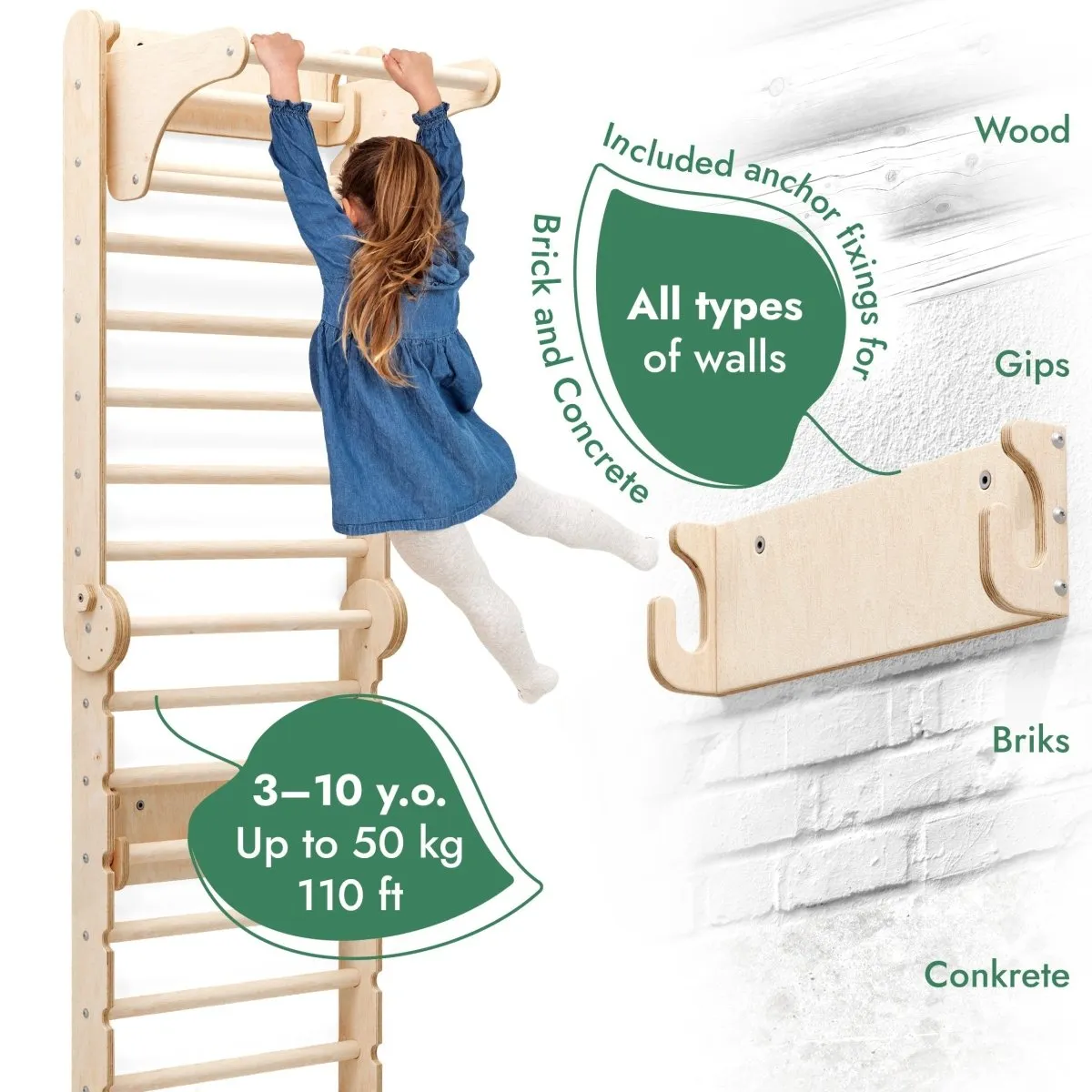 6in1 Wooden Swedish Wall / Climbing ladder for Children   Swing Set   Slide Board