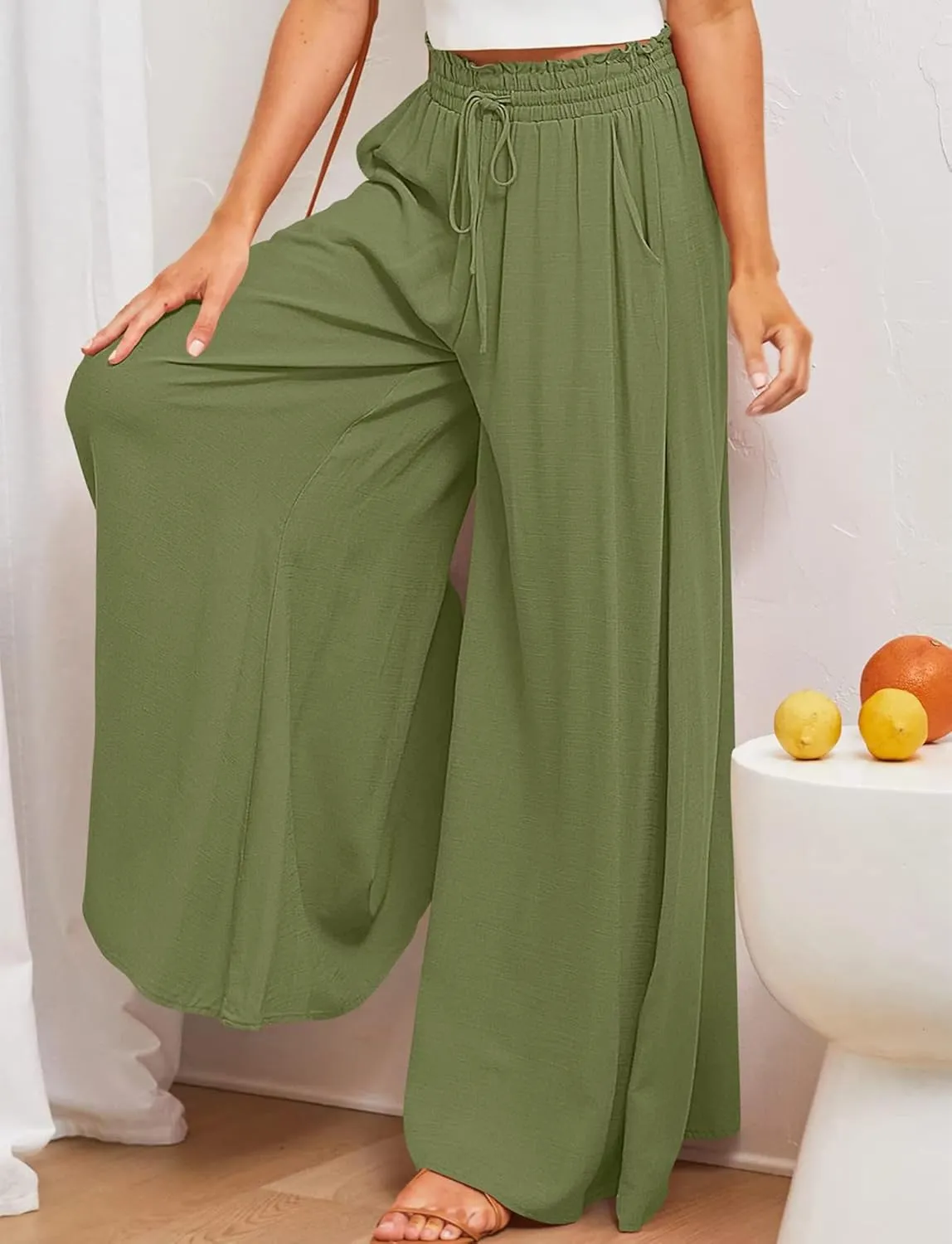 Aivtalk Womens Wide Leg Trousers Palazzo Pant Casual Elegant High Waist Trousers Simple Trousers with Pockets