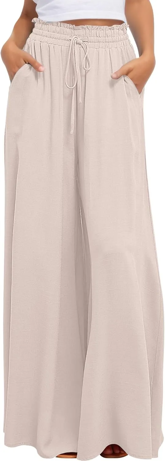 Aivtalk Womens Wide Leg Trousers Palazzo Pant Casual Elegant High Waist Trousers Simple Trousers with Pockets