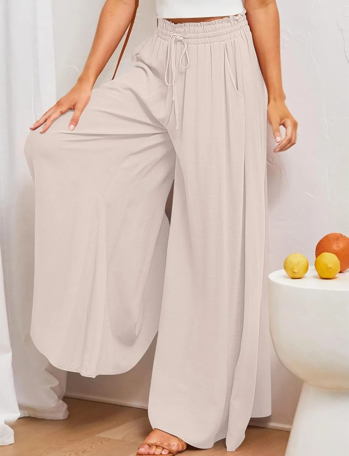 Aivtalk Womens Wide Leg Trousers Palazzo Pant Casual Elegant High Waist Trousers Simple Trousers with Pockets