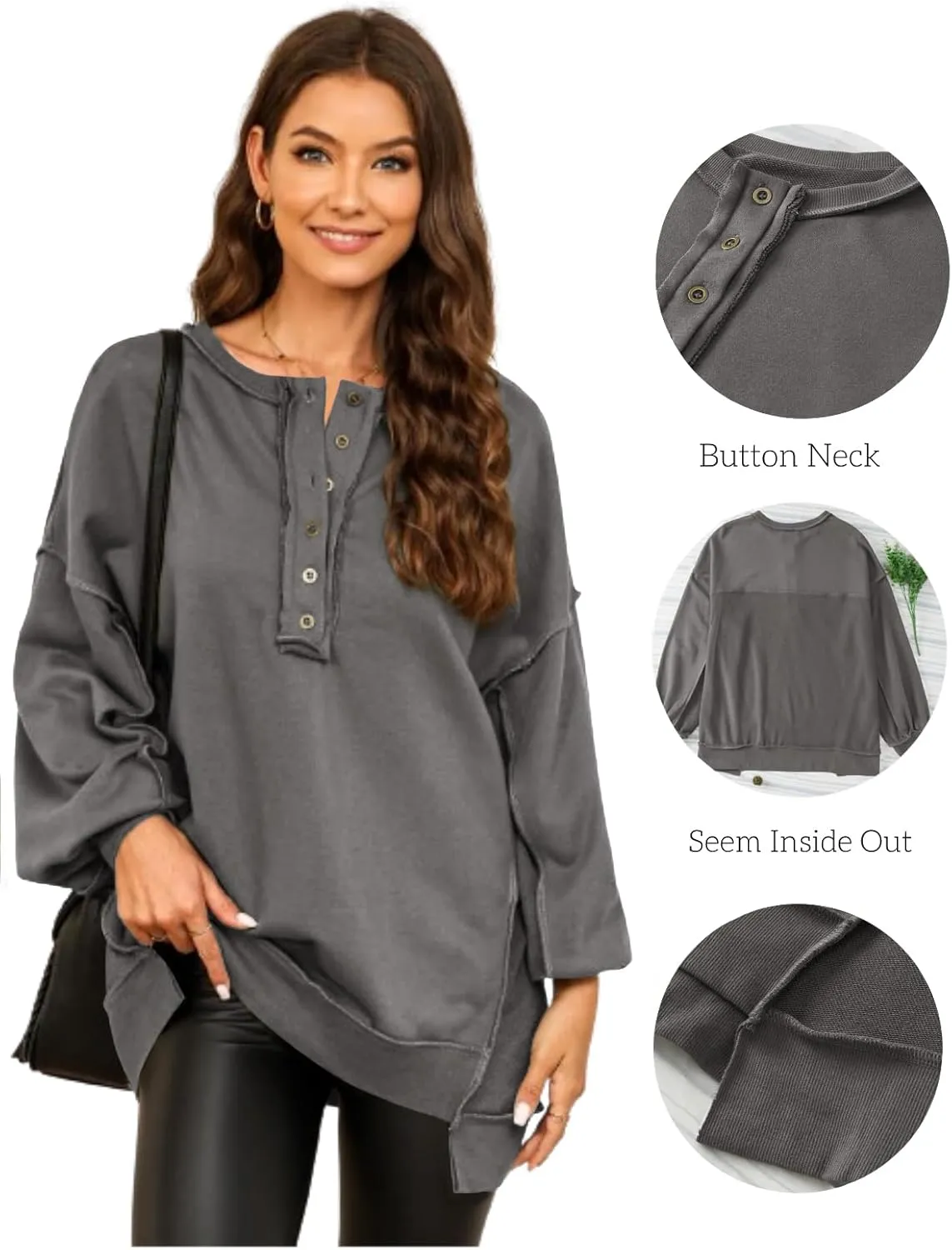 AlvaQ Women's Oversized Sweatshirt Casual Long Sleeve Button Henley Neck Pullover Tunic Tops Outfits