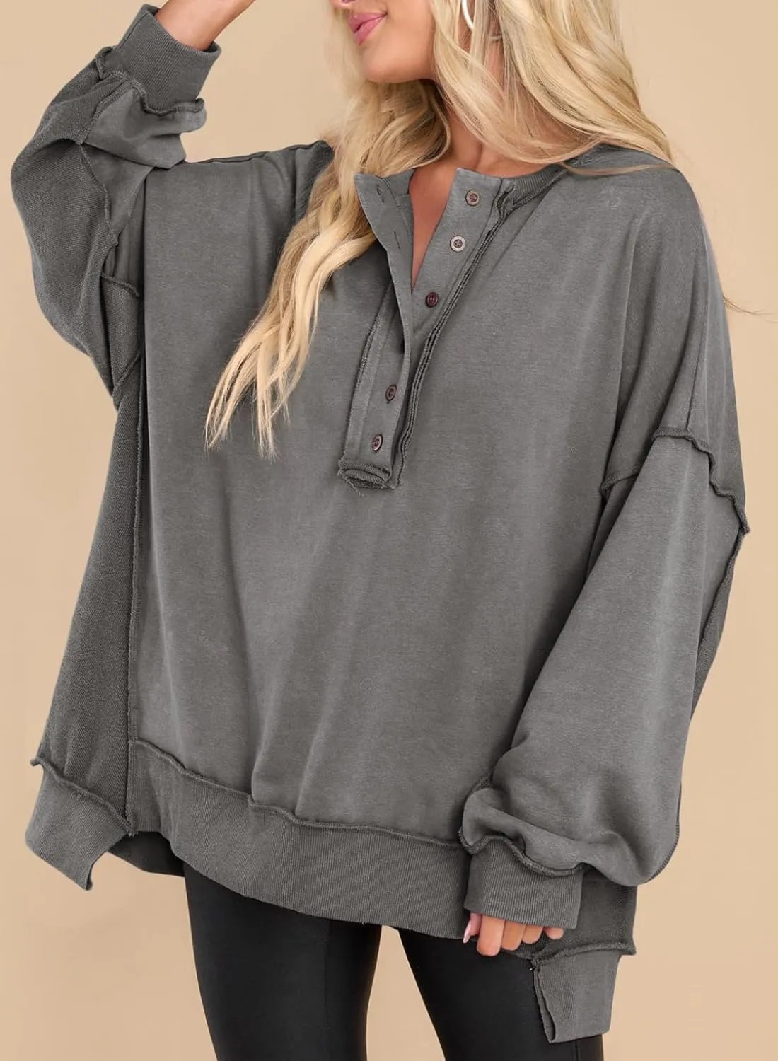 AlvaQ Women's Oversized Sweatshirt Casual Long Sleeve Button Henley Neck Pullover Tunic Tops Outfits