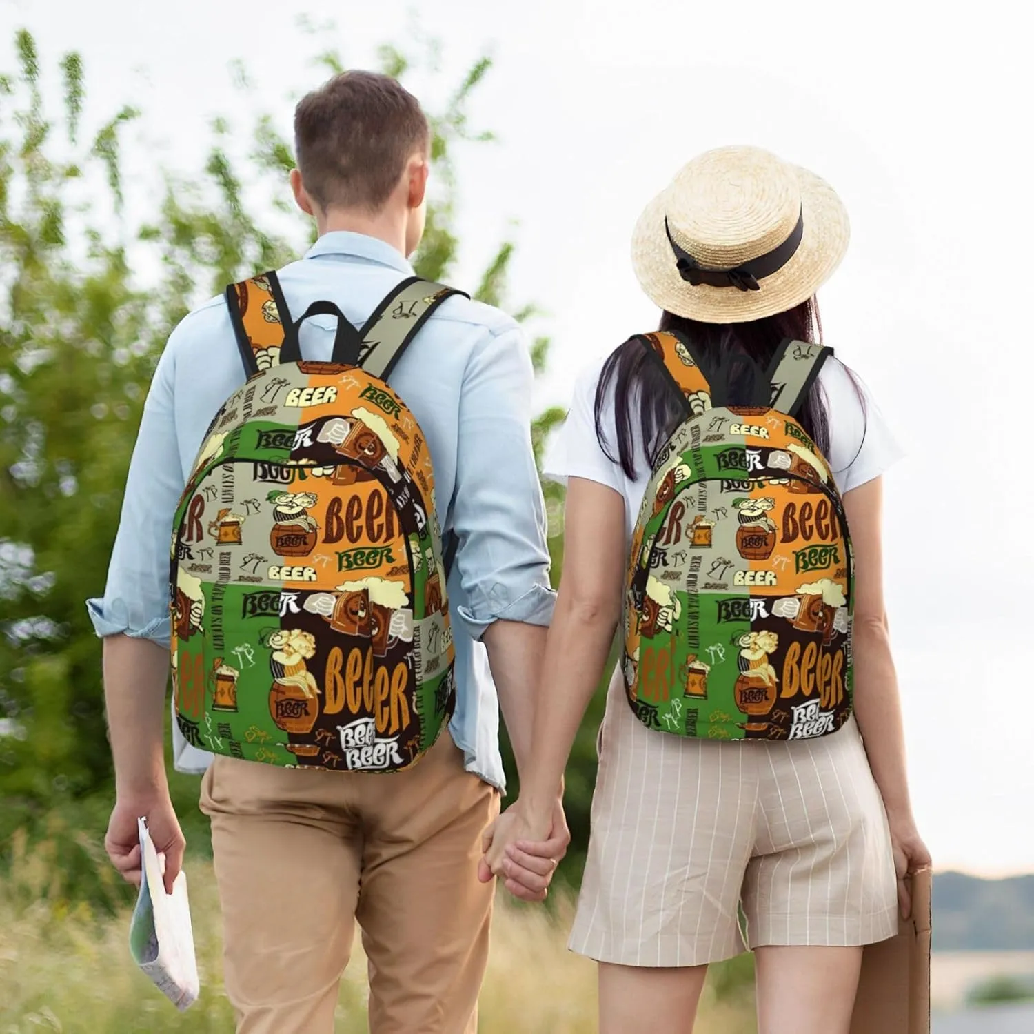 Beer Print Unisex Versatile Canvas Backpack Vintage Travel Hiking Carrying Laptops Rucksack
