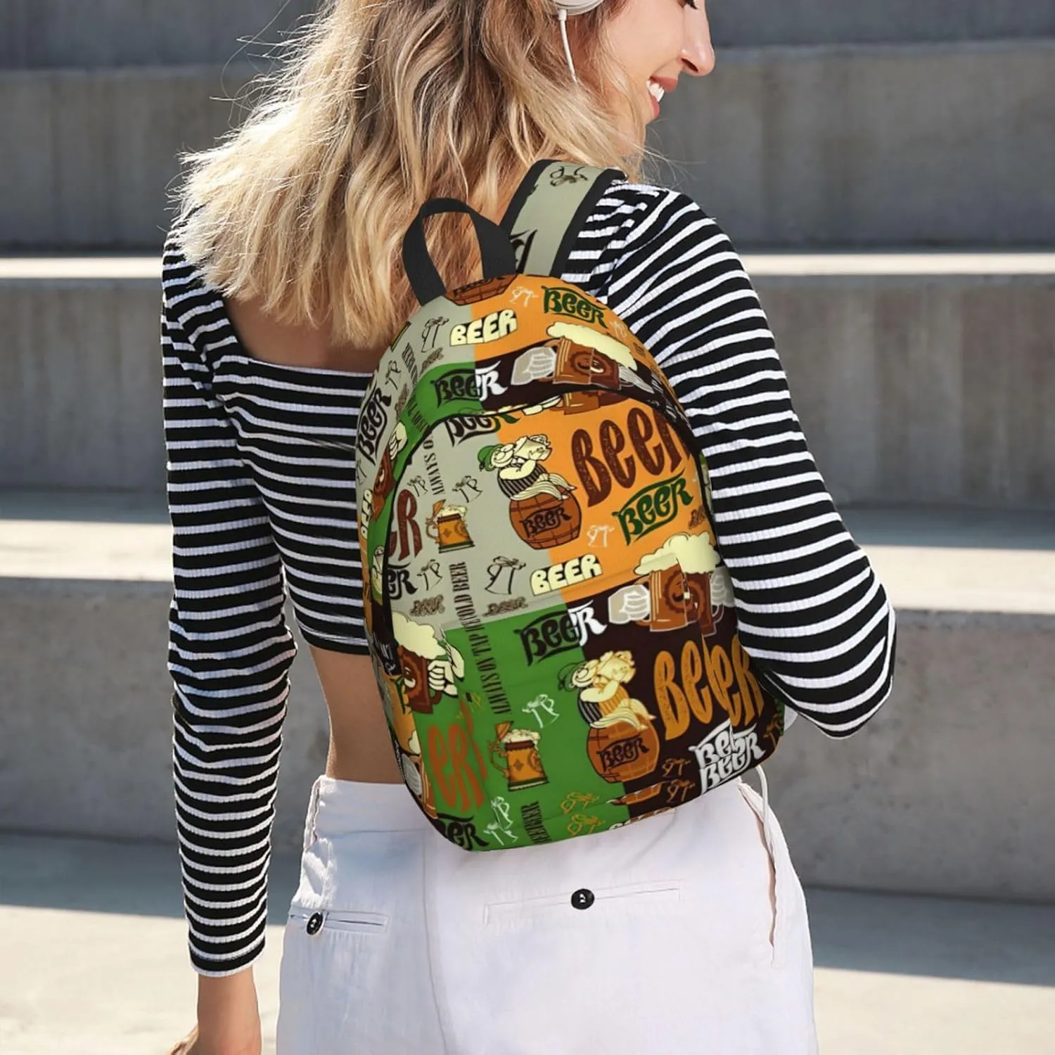 Beer Print Unisex Versatile Canvas Backpack Vintage Travel Hiking Carrying Laptops Rucksack