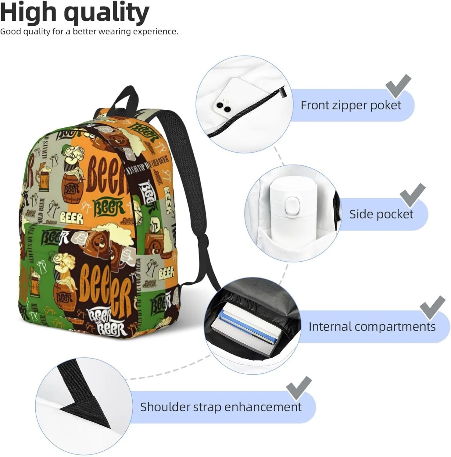 Beer Print Unisex Versatile Canvas Backpack Vintage Travel Hiking Carrying Laptops Rucksack