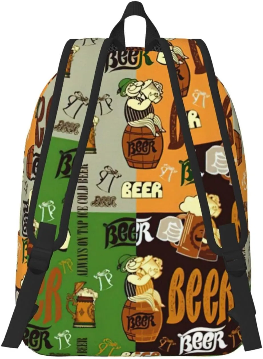 Beer Print Unisex Versatile Canvas Backpack Vintage Travel Hiking Carrying Laptops Rucksack