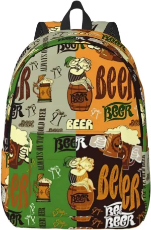 Beer Print Unisex Versatile Canvas Backpack Vintage Travel Hiking Carrying Laptops Rucksack