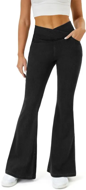 Bell Bottom Jeans for Women Trendy High Waisted Crossover Stretchy Jeans Flare Leggings with Pockets Y2k Jeggings