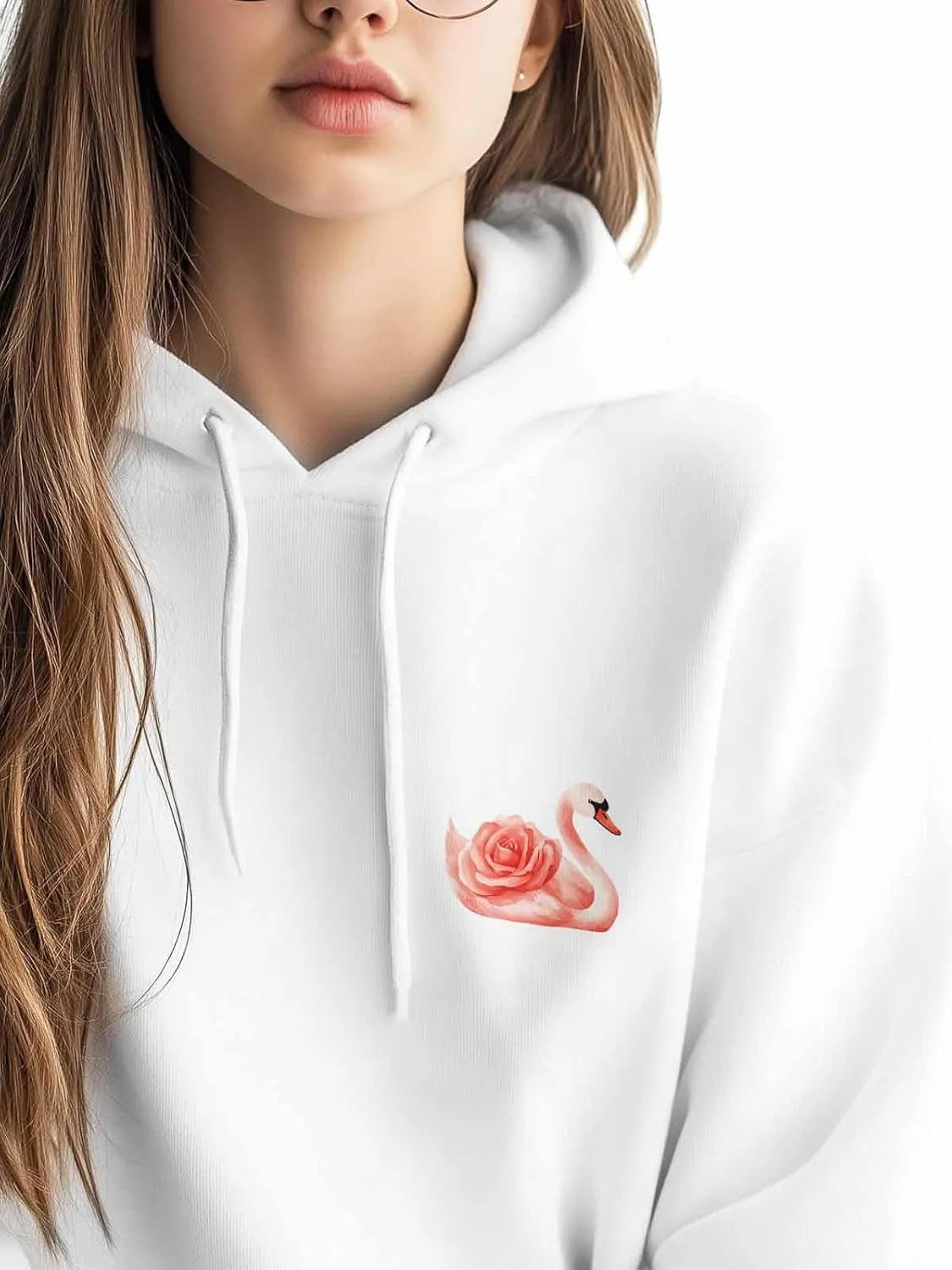 BEMIGO Hooded Sweatshirt Women Swan Cozy Black/White Sweatshirt with Oversized Front Pocket Elegant Printed Trendy Tops