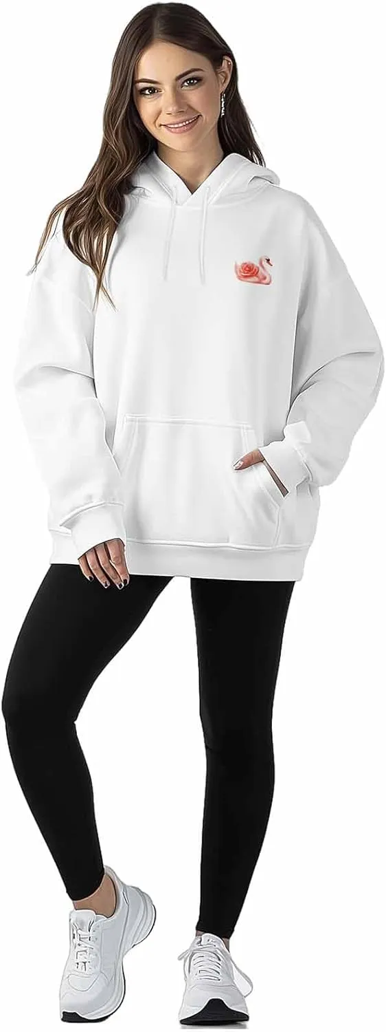BEMIGO Hooded Sweatshirt Women Swan Cozy Black/White Sweatshirt with Oversized Front Pocket Elegant Printed Trendy Tops