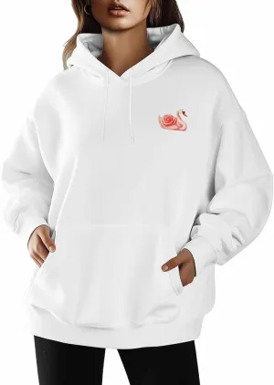 BEMIGO Hooded Sweatshirt Women Swan Cozy Black/White Sweatshirt with Oversized Front Pocket Elegant Printed Trendy Tops