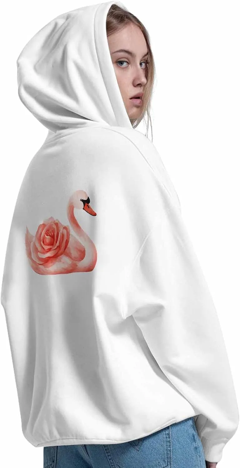 BEMIGO Hooded Sweatshirt Women Swan Cozy Black/White Sweatshirt with Oversized Front Pocket Elegant Printed Trendy Tops