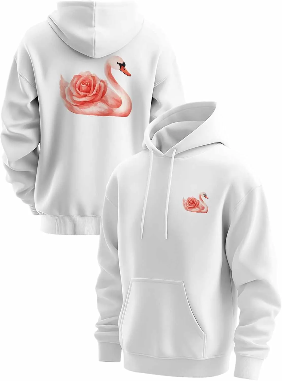 BEMIGO Hooded Sweatshirt Women Swan Cozy Black/White Sweatshirt with Oversized Front Pocket Elegant Printed Trendy Tops