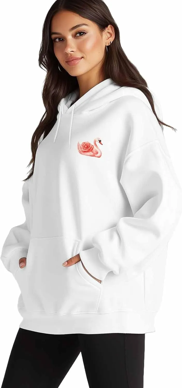 BEMIGO Hooded Sweatshirt Women Swan Cozy Black/White Sweatshirt with Oversized Front Pocket Elegant Printed Trendy Tops