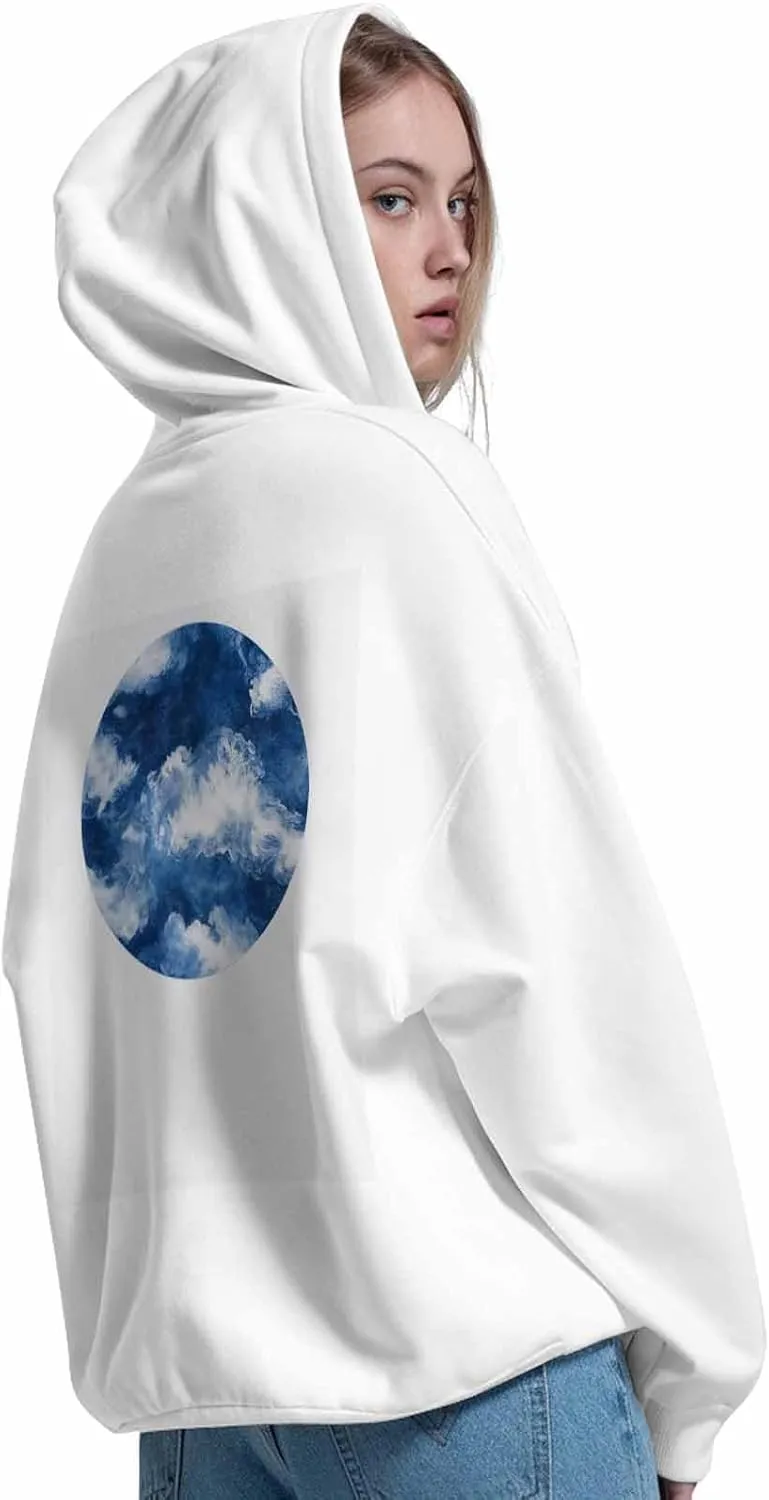 BEMIGO Hooded Sweatshirt Women Watercolor Cozy Black/White Sweatshirt with Oversized Front Pocket Blue Printed Trendy Tops