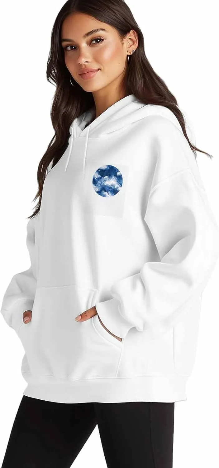 BEMIGO Hooded Sweatshirt Women Watercolor Cozy Black/White Sweatshirt with Oversized Front Pocket Blue Printed Trendy Tops