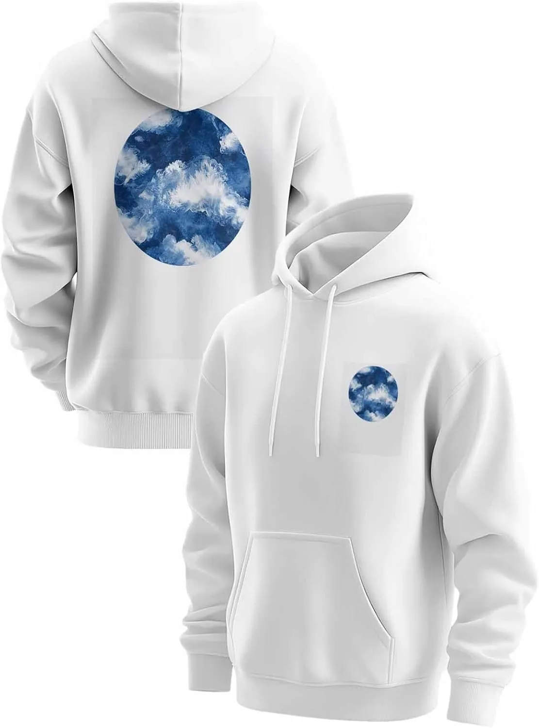 BEMIGO Hooded Sweatshirt Women Watercolor Cozy Black/White Sweatshirt with Oversized Front Pocket Blue Printed Trendy Tops