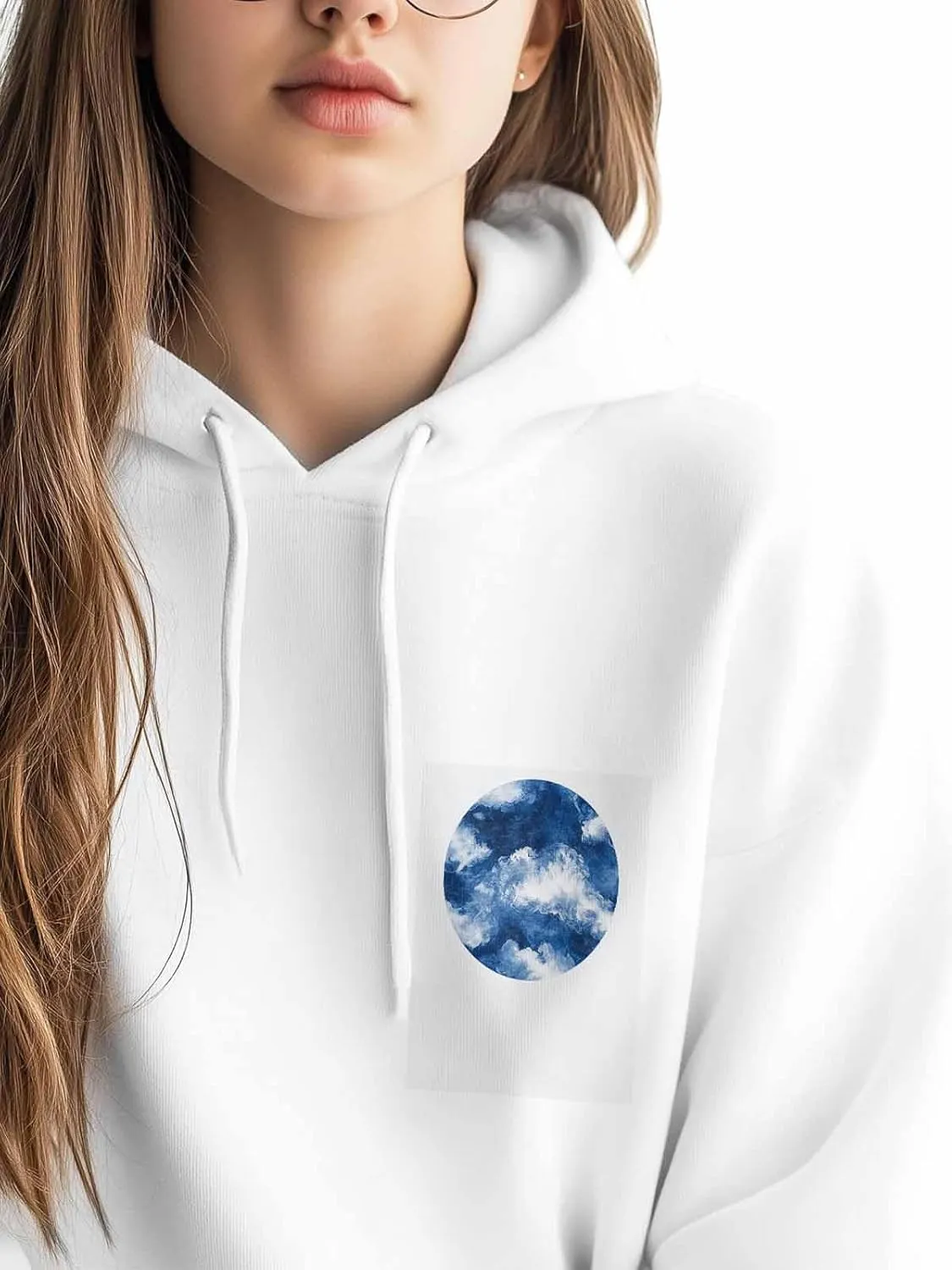 BEMIGO Hooded Sweatshirt Women Watercolor Cozy Black/White Sweatshirt with Oversized Front Pocket Blue Printed Trendy Tops