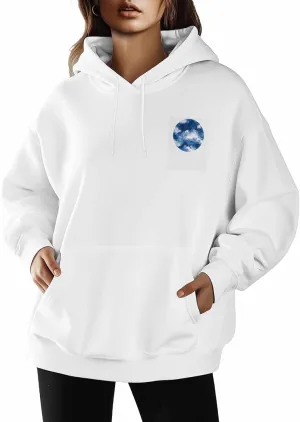 BEMIGO Hooded Sweatshirt Women Watercolor Cozy Black/White Sweatshirt with Oversized Front Pocket Blue Printed Trendy Tops