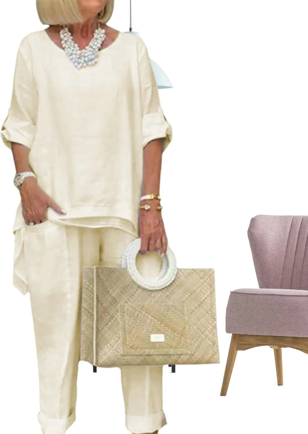 Bengbobar Women's Linen Two-Piece Pants Suit, White, Regular Fit, Long Sleeves, Casual & Versatile Occasions