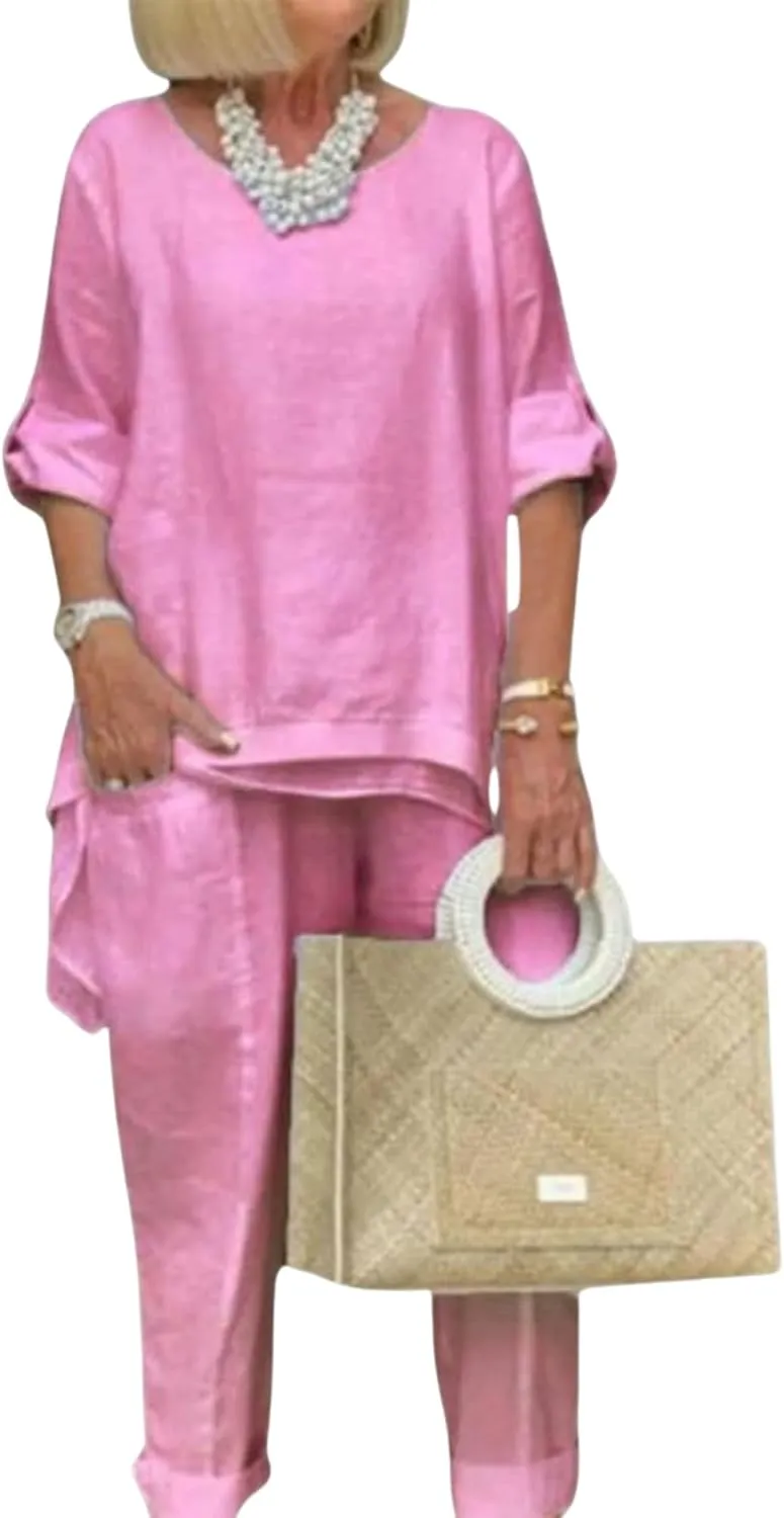 Bengbobar Women's Linen Two-Piece Pants Suit, White, Regular Fit, Long Sleeves, Casual & Versatile Occasions