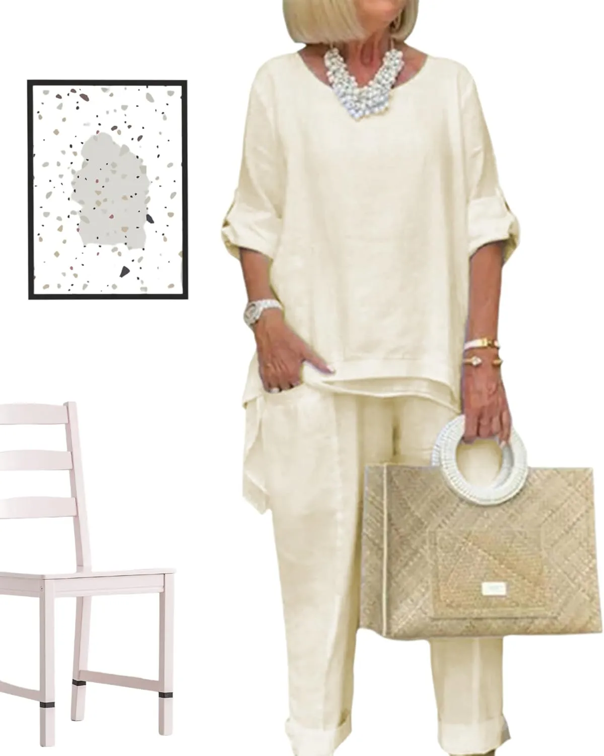 Bengbobar Women's Linen Two-Piece Pants Suit, White, Regular Fit, Long Sleeves, Casual & Versatile Occasions
