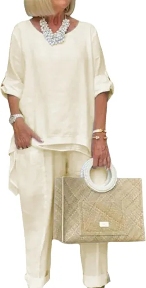 Bengbobar Women's Linen Two-Piece Pants Suit, White, Regular Fit, Long Sleeves, Casual & Versatile Occasions
