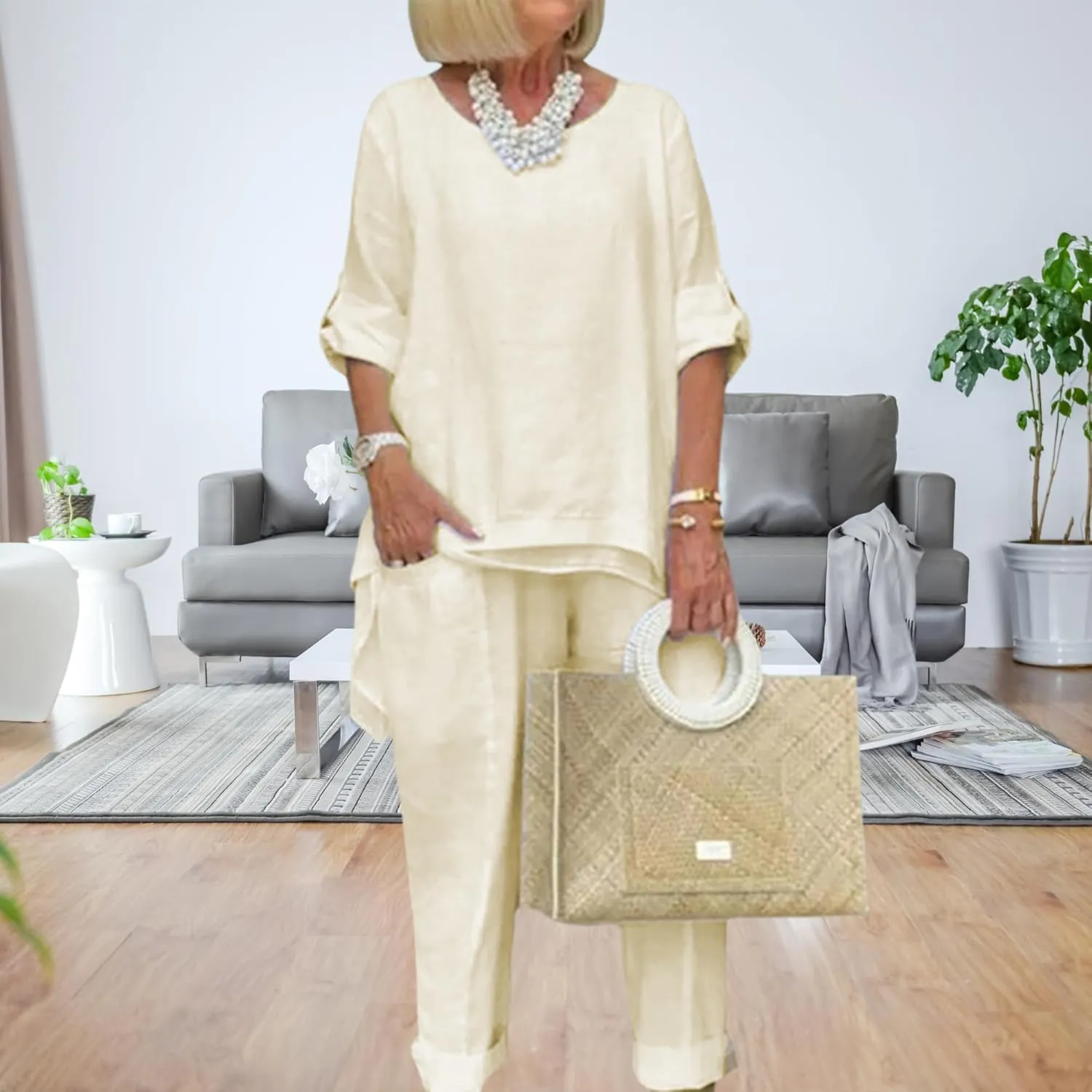 Bengbobar Women's Linen Two-Piece Pants Suit, White, Regular Fit, Long Sleeves, Casual & Versatile Occasions
