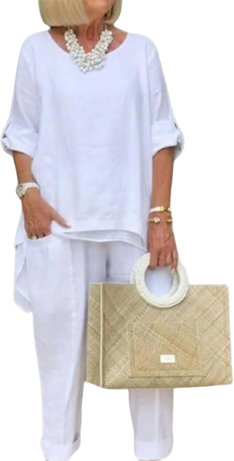 Bengbobar Women's Linen Two-Piece Pants Suit, White, Regular Fit, Long Sleeves, Casual & Versatile Occasions