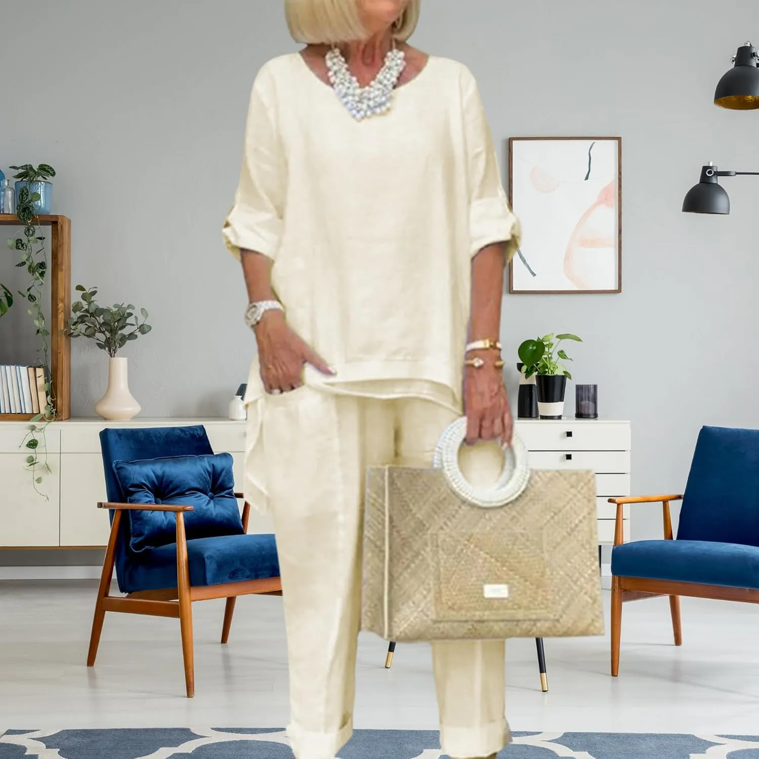 Bengbobar Women's Linen Two-Piece Pants Suit, White, Regular Fit, Long Sleeves, Casual & Versatile Occasions