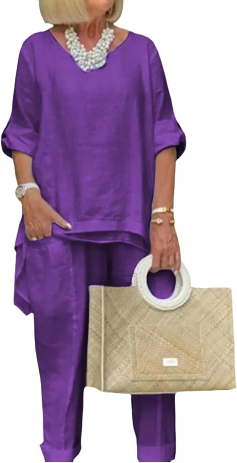 Bengbobar Women's Linen Two-Piece Pants Suit, White, Regular Fit, Long Sleeves, Casual & Versatile Occasions