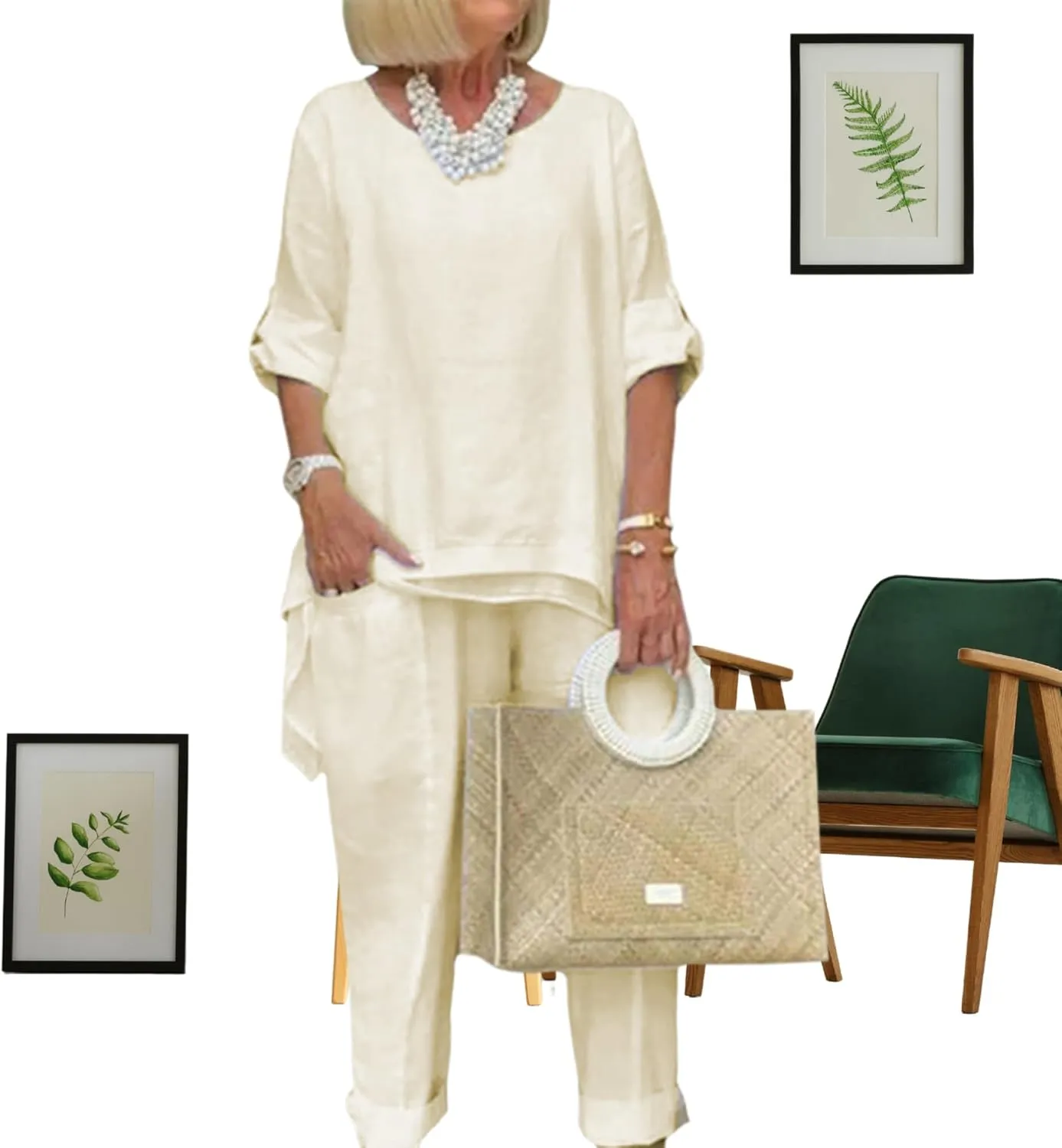 Bengbobar Women's Linen Two-Piece Pants Suit, White, Regular Fit, Long Sleeves, Casual & Versatile Occasions