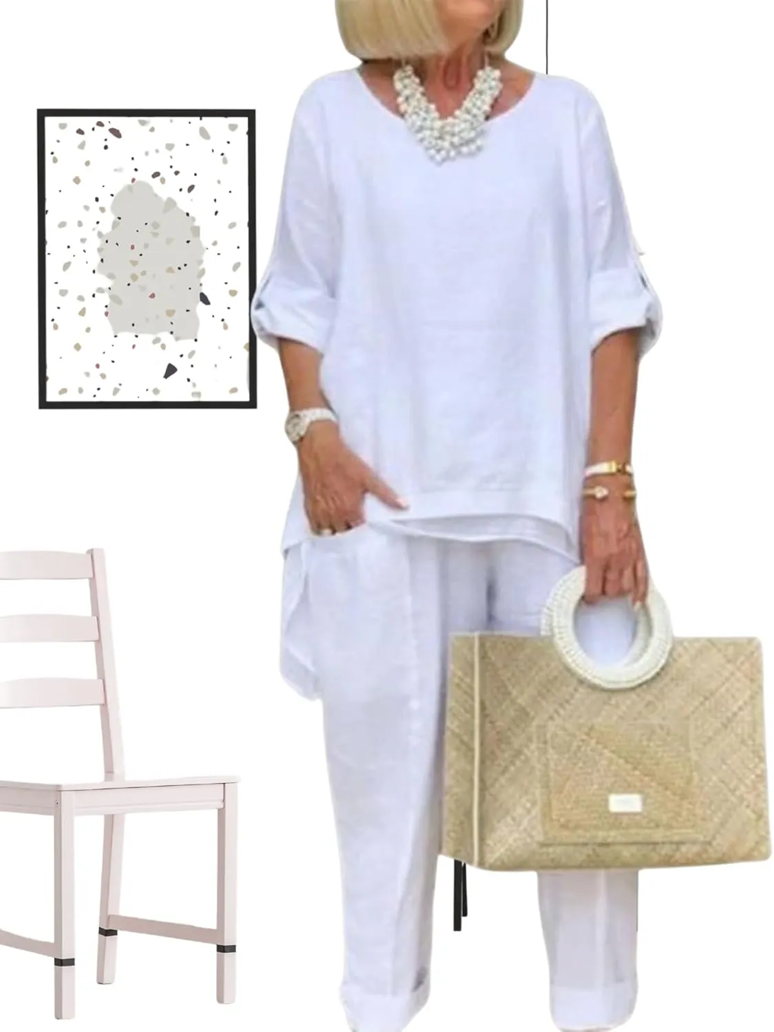 Bengbobar Women's Linen Two-Piece Pants Suit, White, Regular Fit, Long Sleeves, Casual & Versatile Occasions
