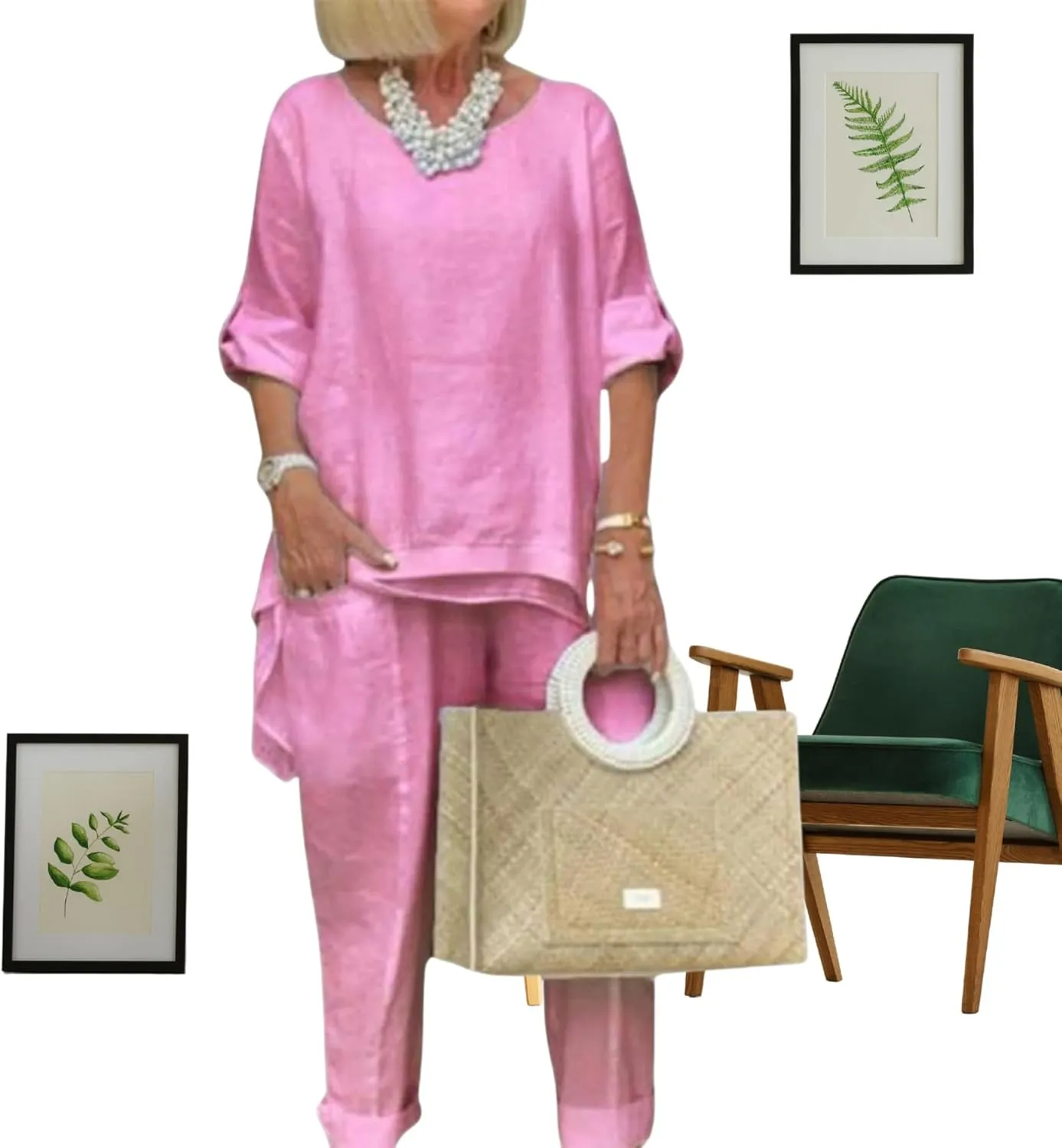 Bengbobar Women's Linen Two-Piece Pants Suit, White, Regular Fit, Long Sleeves, Casual & Versatile Occasions