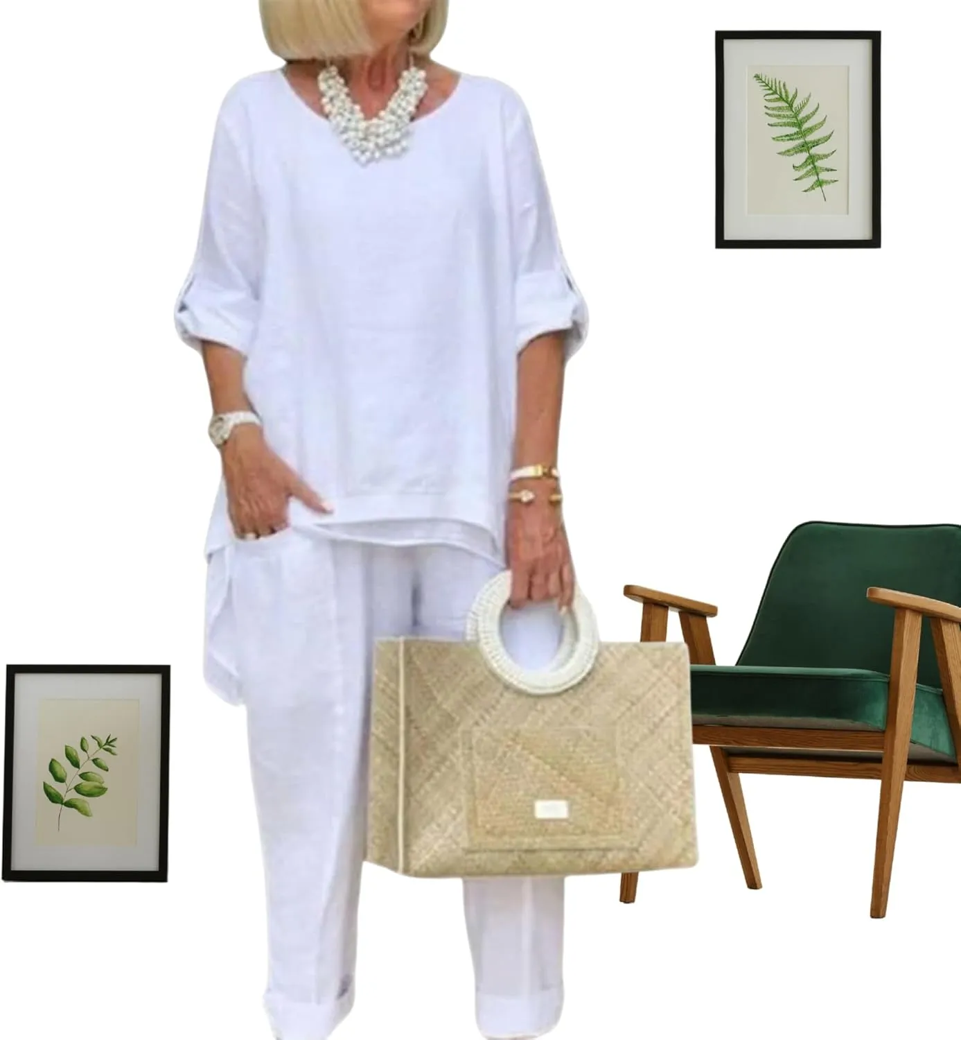 Bengbobar Women's Linen Two-Piece Pants Suit, White, Regular Fit, Long Sleeves, Casual & Versatile Occasions