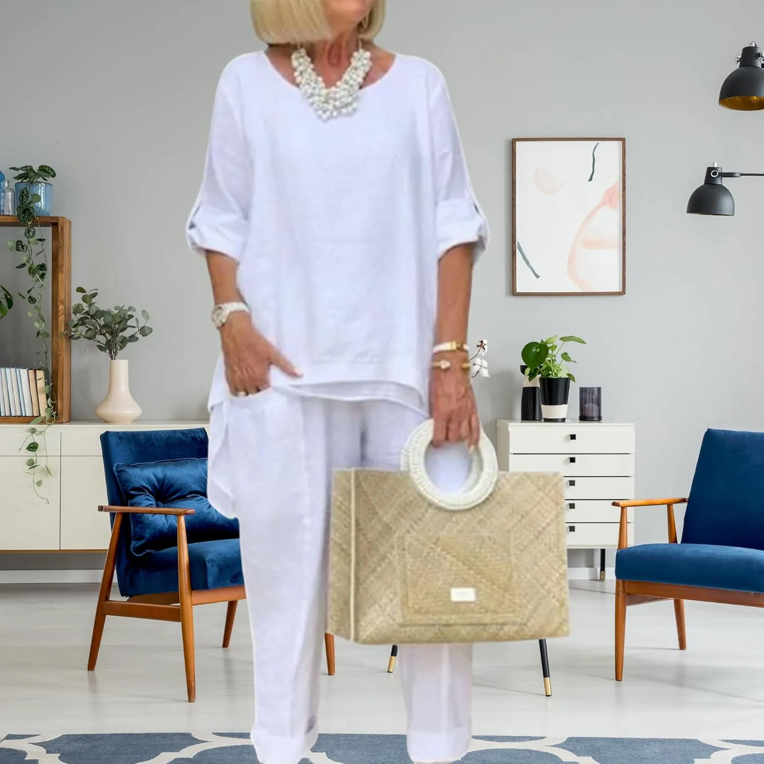 Bengbobar Women's Linen Two-Piece Pants Suit, White, Regular Fit, Long Sleeves, Casual & Versatile Occasions