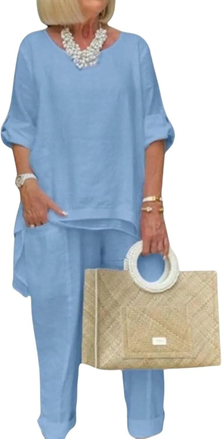 Bengbobar Women's Linen Two-Piece Pants Suit, White, Regular Fit, Long Sleeves, Casual & Versatile Occasions