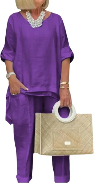 Bengbobar Women's Linen Two-Piece Pants Suit, White, Regular Fit, Long Sleeves, Casual & Versatile Occasions
