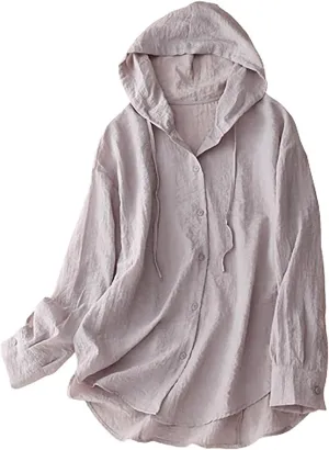 Binmer Women's Linen Sun Protection Hoodie Jacket Lightweight Long Sleeve Shirt Oversized Loose Breathable Hooded Cover Ups