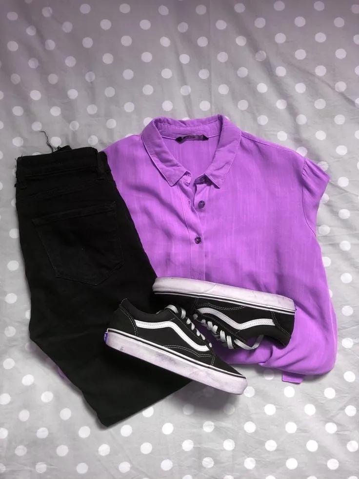 Black wide leg jeans with lilac button down shirt