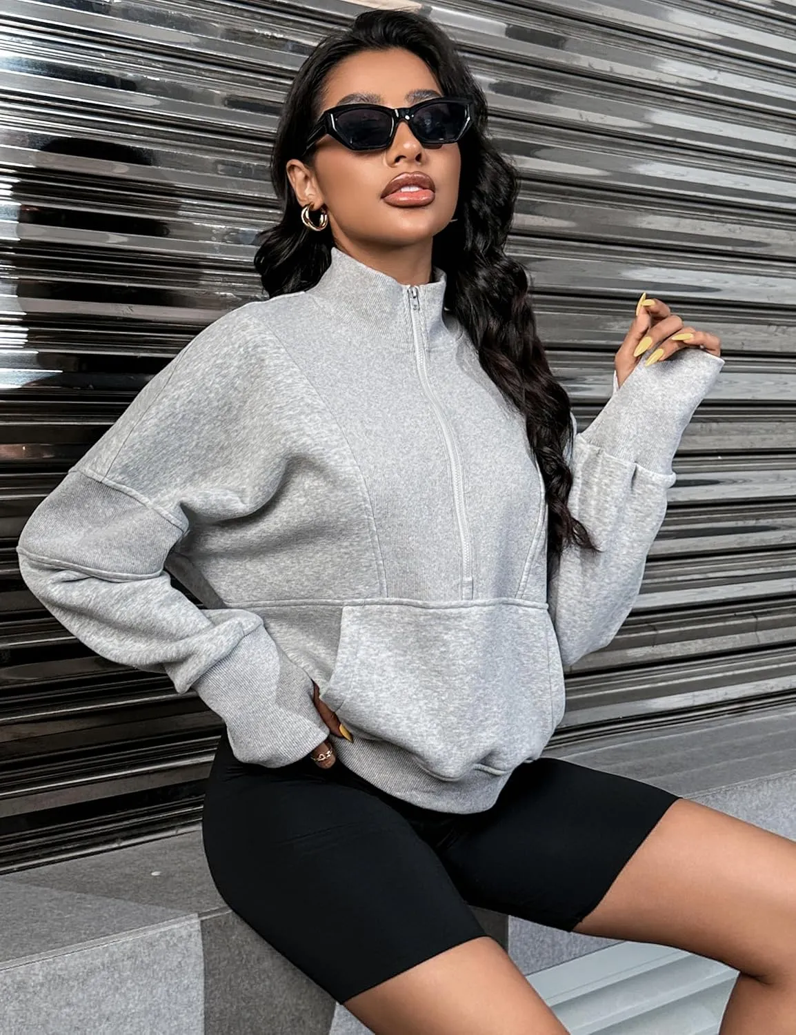 Blooming Jelly Womens Oversized Quarter Zip Cute Sweatshirt Lapel Cozy Fleece Trendy Thumb Hole Pullover