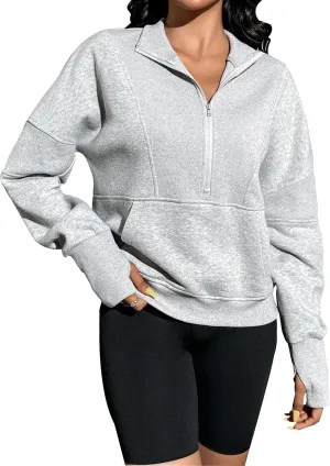 Blooming Jelly Womens Oversized Quarter Zip Cute Sweatshirt Lapel Cozy Fleece Trendy Thumb Hole Pullover