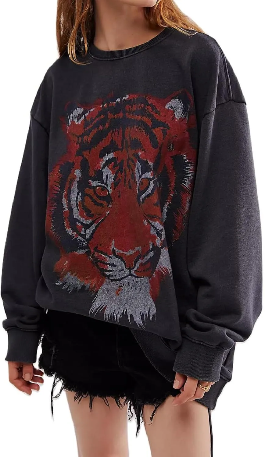 Bocymolay Women Tiger Print Sweatshirts Graphic Oversized Crewneck Pullover Tops Long Sleeve Fall Winter Shirts