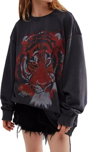 Bocymolay Women Tiger Print Sweatshirts Graphic Oversized Crewneck Pullover Tops Long Sleeve Fall Winter Shirts