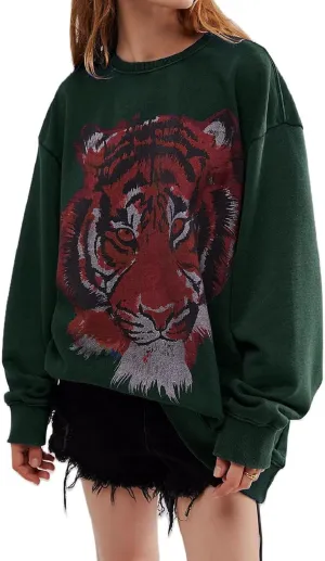 Bocymolay Women Tiger Print Sweatshirts Graphic Oversized Crewneck Pullover Tops Long Sleeve Fall Winter Shirts