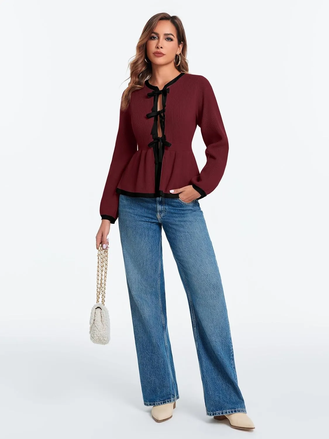 BZB Tie Front Cardigan Sweaters for Women Color Block Puff Sleeve Babydoll Knitted Cardigans Fall Outerwear Clothes