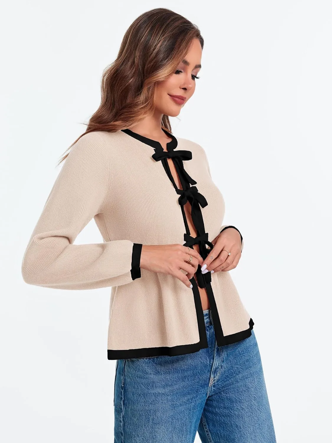 BZB Tie Front Cardigan Sweaters for Women Color Block Puff Sleeve Babydoll Knitted Cardigans Fall Outerwear Clothes